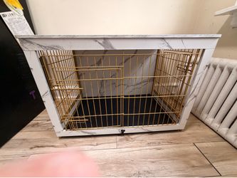Luxury Furniture-Style Dog Crate / Pet Kennel – White Marble Finish & Gold Bars