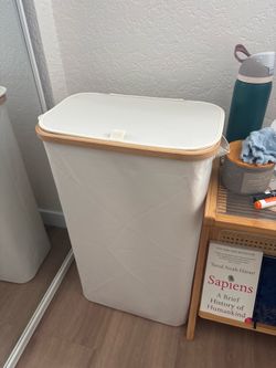 White Laundry Hamper with Bamboo Rim