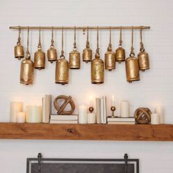 Large Metal Tin Cone Bell Jute Rope Hanger Home Decor Tibetan Style Rustic Gold