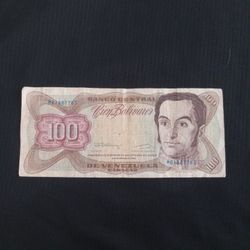 Rare Old 1992 BANCO CENTEAL DE VENEZUELA 100 Bien Bolivares Bill Banknote