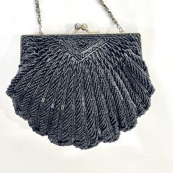 VINTAGE La Regale SILVER Beaded SHELL Crossbody 2way Evening Bag Purse Clutch