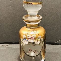 Vintage Bohemian Glass Enamel Bottle With Stopper 5” Tall Hand Painted . Excellent condition. Very unique