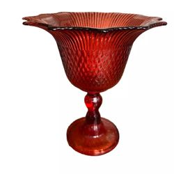 Vintage Red Glass Scalloped Edged  8.5" T Large Pedestal Compote