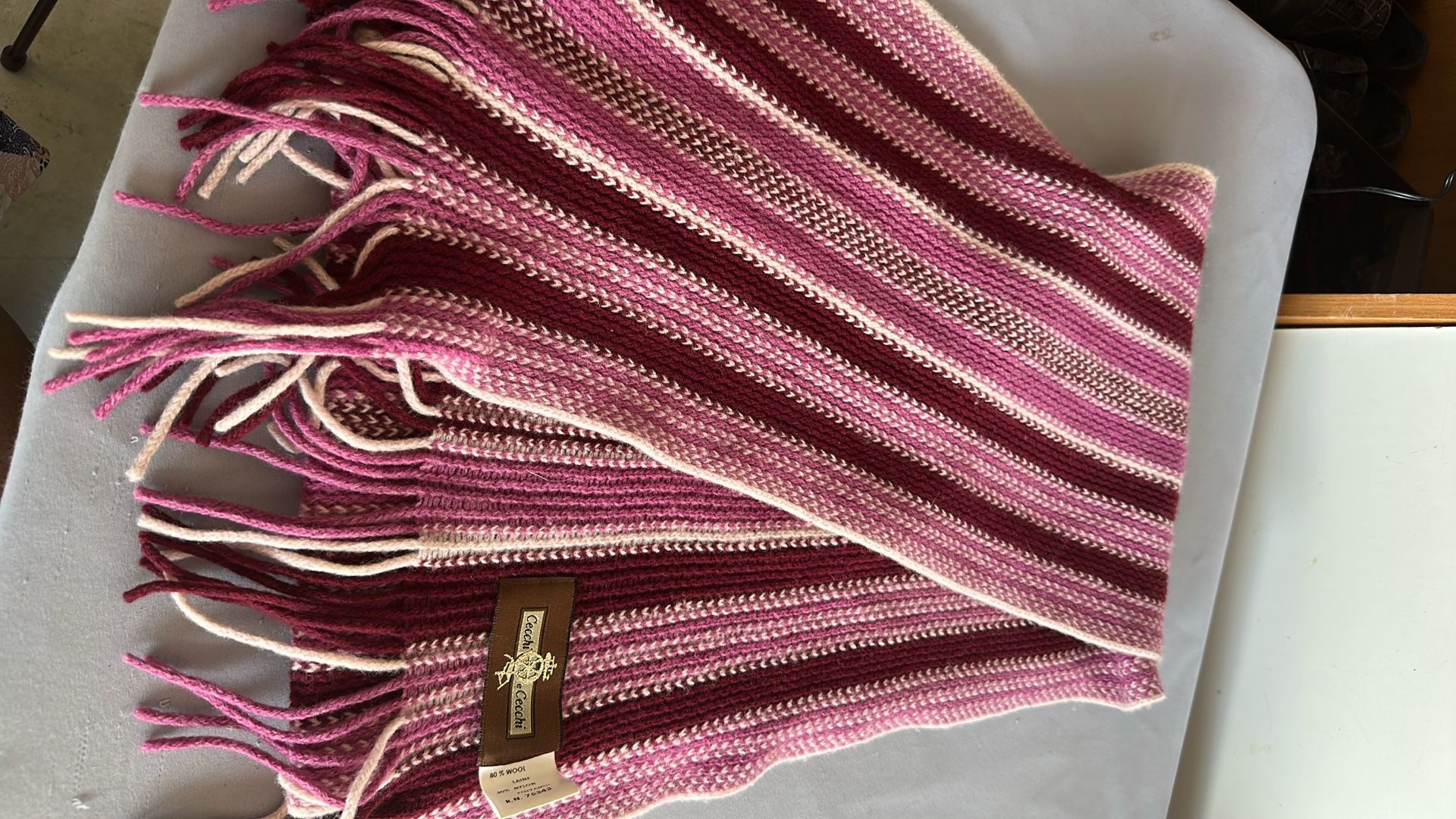 Cecchi e Cecchi Italy Wool Pink,  Burgundy, and White stripes Fringe  Scarf  78X 10 Inches 