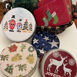 Lot of 7 Festive Tin Containers; Various Sizes & Colors