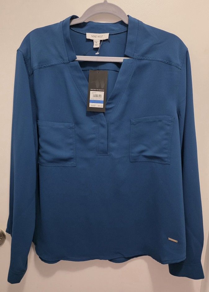 Nine West womens Blue Solid shirt Blouse Top XL New