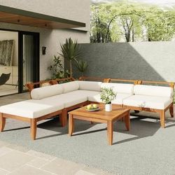 Assembled New 6 Pcs Acacia Wood Patio Furniture Outdoor L-Shaped Sectional Sofa Set w/ Coffee Table