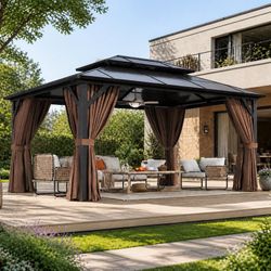12'x16' Hardtop Gazebo, Outdoor Metal Gazebo with Double Polycarbonate Roof Canopy, Permanent Pavilion with Netting and Curtains for Lawn, Garden, Pat