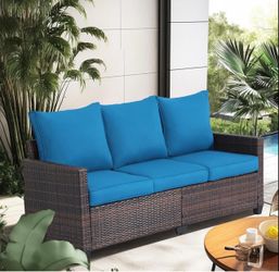 Outdoor Wicker Patio Sofa with Blue Cushions