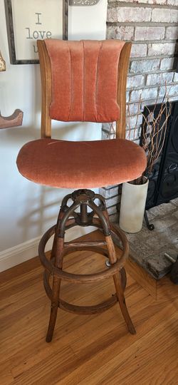 Antique Industrial Oak & Cast Iron Adjustable Drafting Stool / Swivel Chair