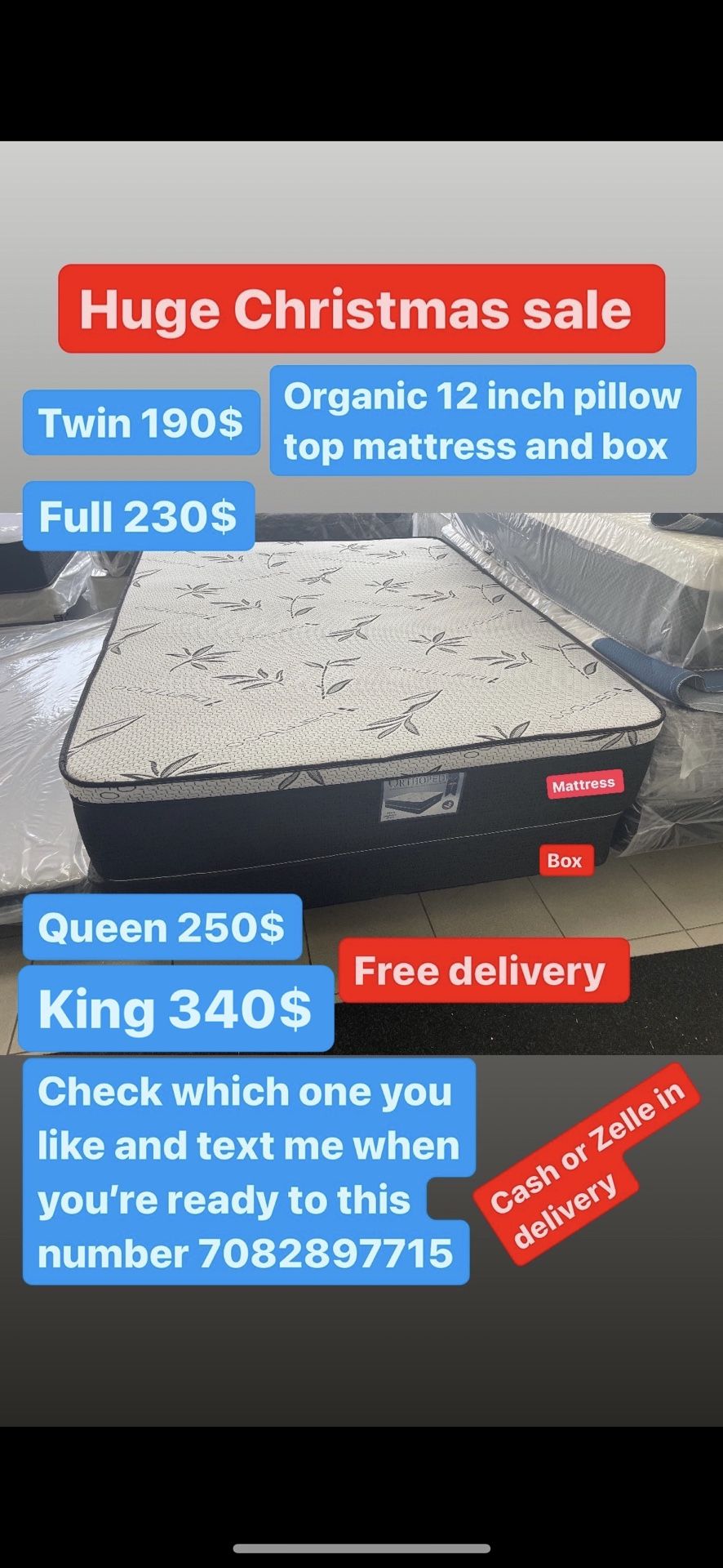 Huge sale for Mattress And Box Twin size mattress and box 150.$ full 190$ Queen 200$ king 290$. Mattress And Box and frame and headboard. King 580$ Qu
