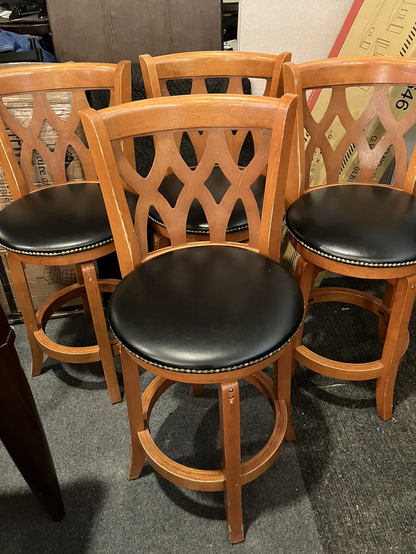 Set Of 4 Boraam Bar Stools W/Pleather Seats W/Minor Scratches On The Wood(See & Click On Pictures). Still In Good Condition 