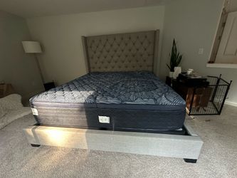 King Upholstered Wingback Bed Frame and Mattress