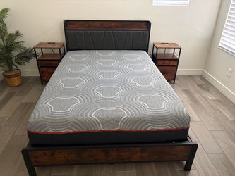 Full Bed Frame and Mattress with Upholstered Headboard USB outlets with 2 matching nightstands