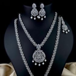 Beautiful Double Layer Cubic Zirconia American Diamond Necklace Set With Earrings