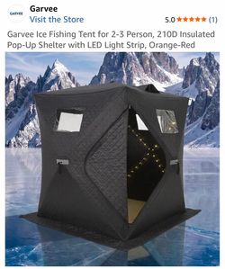 Garvee Ice Fishing Tent for 2-3 Person, 210D Insulated Pop-Up Shelter with LED Light Strip, Orange-Red