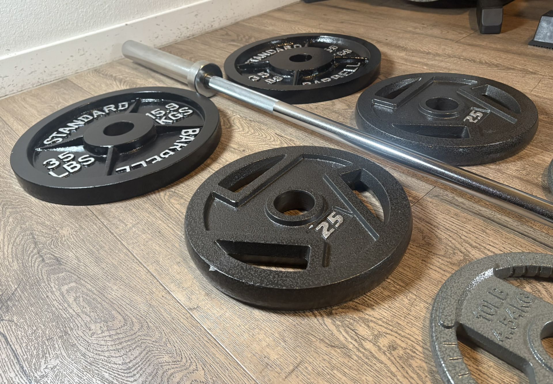 CUZ NEED THE $$ NEW Olympic Equipment: 6 ft Silver Bar & Weight Plates 35s, 25s, and 10s lbs. Total: 180 lbs [ NO, No Better Price]