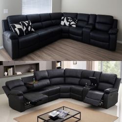Black Leather Fully Reclining Sectional Couch And Ottoman 