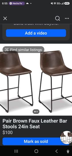 Pair Brown Faux Leather Bar Stools 24in Seat