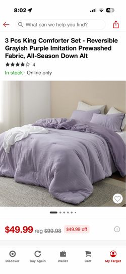 3 Pcs King Comforter Set - Reversible Grayish Purple Imitation Prewashed Fabric, All-Season Down Alternative Comforter Set