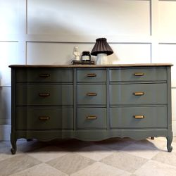 Nice Two Toned Deep Green And Natural Top 9 Drawers Dresser / Credenza / Buffet / TV stand 