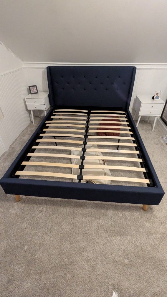Queen Bed Frame, Blue Fabric Finish