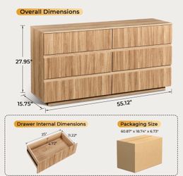 55 Inch Fluted 6 Drawer Handleless Dresser Embossed Melamine Thermoformed Cabinet