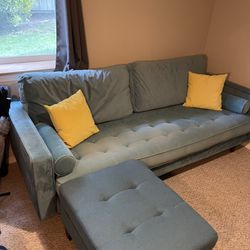 Teal Velvet Couch + Ottoman With Accent Cushions