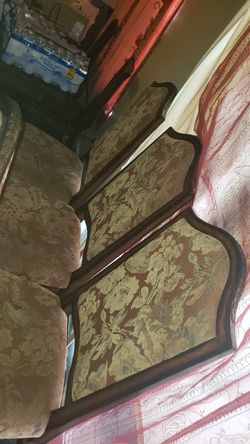 4 antique handcrafted wooden chairs with silk floral covering