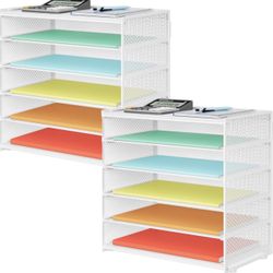 2 Pack White 6 Tier Paper Organizer, Metal Mesh Desk File Folder, Letter Tray Organizer