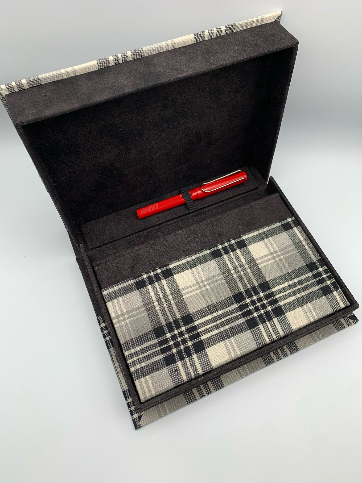 Handmade Notebook In Clamshell Box Finished In Black And White Checked Material, Including Red Lamy Fountain Pen And 5 Cartridges