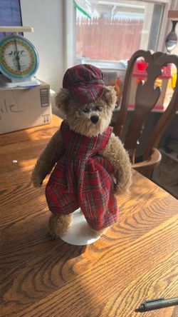 Vtg TY Attic Treasures Scotch Bear Plush Stuffed Animal 14” Plaid Overalls Jointed with Stand