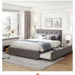 Light Gray Wood Frame Queen Size Upholstered Platform Bed with 2-Drawers and Trundle