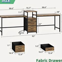 93" Two Person Desk with Charging Station, Long Desk with 3 Fabric Drawers and Printer Shelf