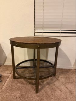Industrial Round Wood and Metal End Table