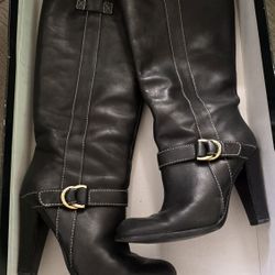 RALPH LAUREN Black Leather Stacked Heel Boots with Gold Buckle - Pull On