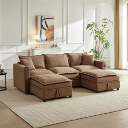 92" Chenille Sectional Couch Cloud Sofa 5-Seater L/U Shape Storage Dual Ottoman, Brown
