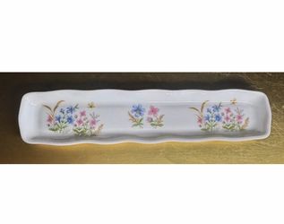 LEC Limoges Flowers Butterfly Pen Tray Trinket Dish France 8.5 x 2”
