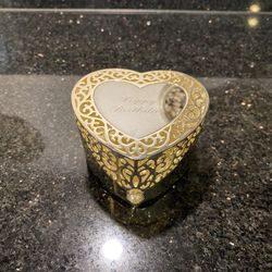 Vintage Silver-Tone TR Filigree Heart-Shape Jewelry Box Engraved Happy Birthday