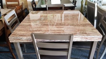 Brand new brown metal counter high dining table (40x40x36H) + 4 brown faux leather chairs