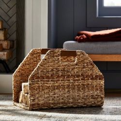 Studio McGee Threshold Woven Braided Wood Log Holder Storage Basket Decor Brown