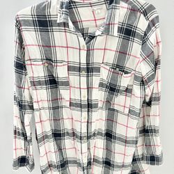 Gap White Red Paid Long Sleeve Button Up Flannel Shirt Women's XL 