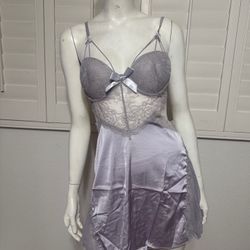New Medium purple lavender satin nightgown slip teddy lingerie robe set pjs
