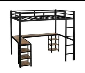 Twin XL Metal Loft Bed with Desk and Shelves