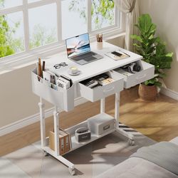 WINAZ White Rolling Desk with Drawers – Adjustable Height
