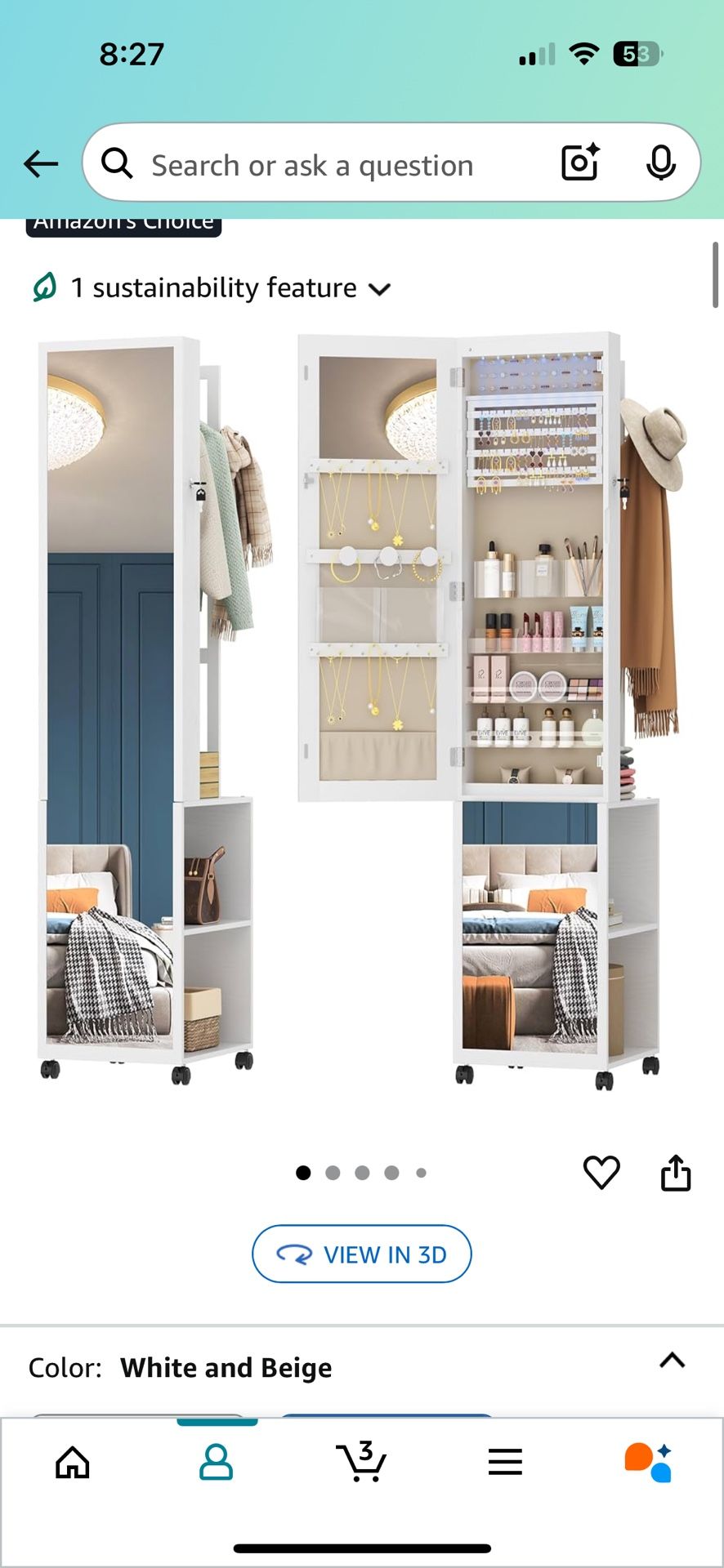 Jewelry Cabinet Armoire, 64.8-inch Jewelry Organizer with Garment Rack Dresser Storage