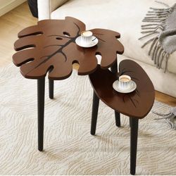 New Monstera Leaf Nesting Tables Set of 2, Small Side Tables f Set with Leaf Vein Pattern, Modern Wo