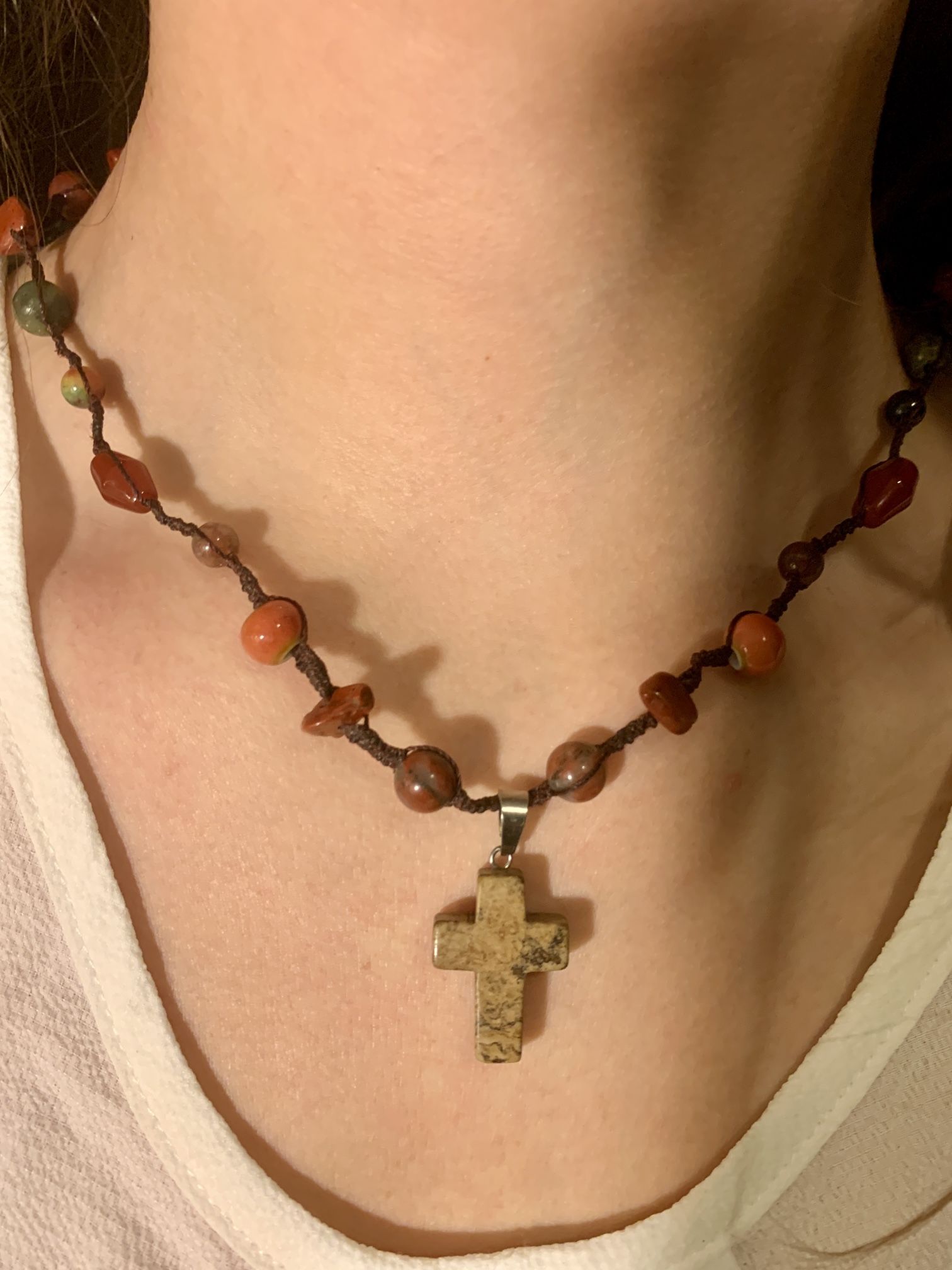 Handcrafted 18” Picasso Jasper Cross Macramé Necklace