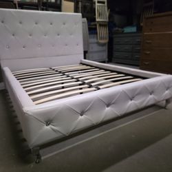 Modern White Leather Full Size Platform Bed Frame
