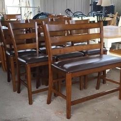 6 Bar Stool Dining Table Chairs/Rattan/ Tropical/ Resort/ Counter Height/Pub/ Nook/High/Country/ Dark Oak/Solid Wood/Rustic/Farmhouse/Breakfast 